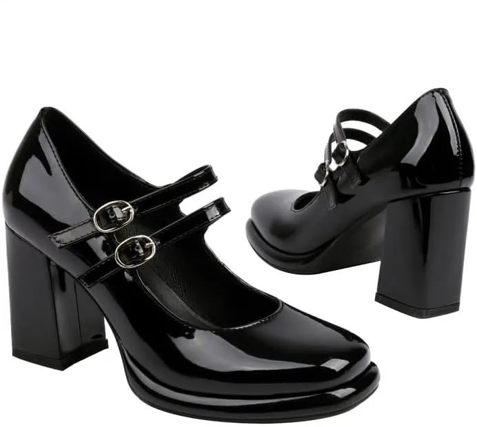 Elbslutt Women's Patent Leather Chunky Heel Mary Janes Pumps Platfrom High Block Heels Close Square Toe Pumps Shoes with Buckle Strap for Office Party Casual Wedding