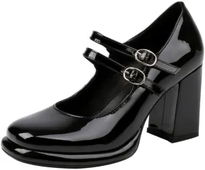 Elbslutt Women's Patent Leather Chunky Heel Mary Janes Pumps Platfrom High Block Heels Close Square Toe Pumps Shoes with Buckle Strap for Office Party Casual Wedding