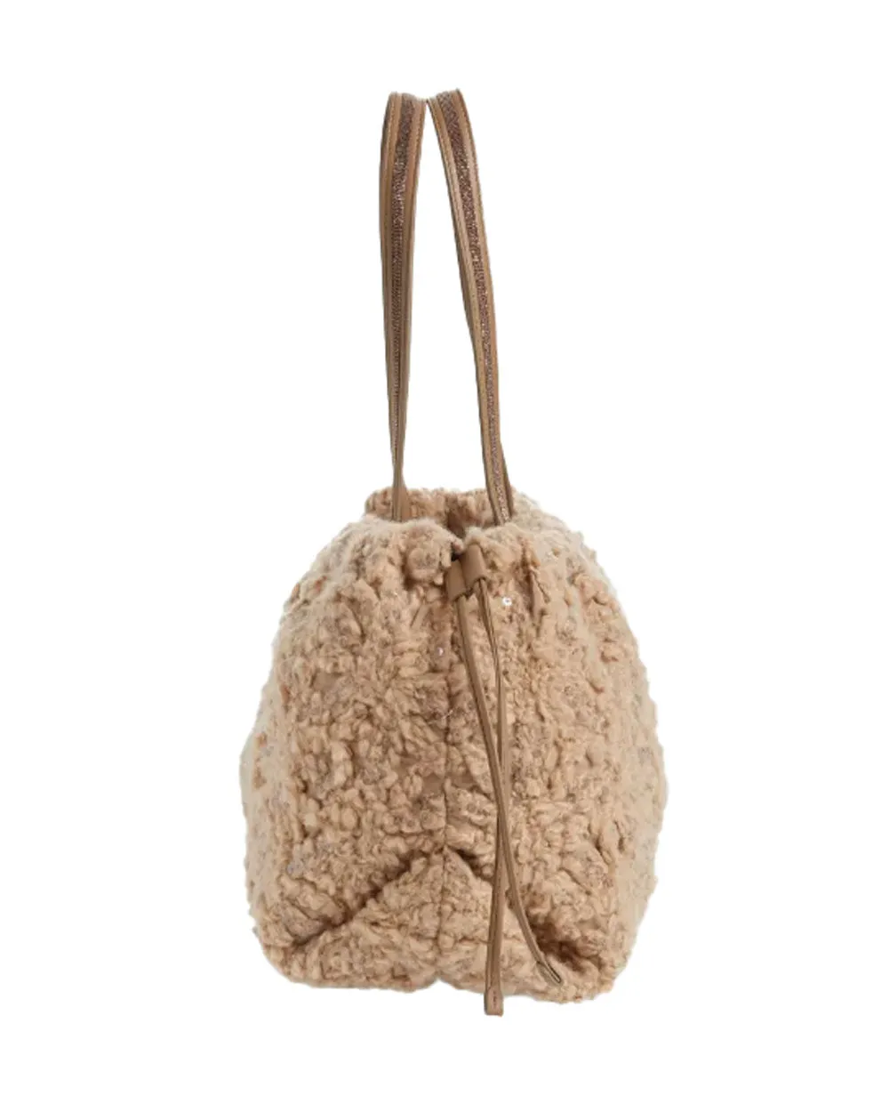 Embroidered Wool Blend Bouclé Tote in Camel