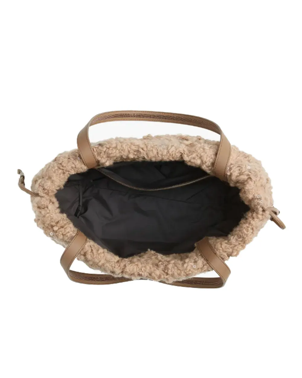 Embroidered Wool Blend Bouclé Tote in Camel