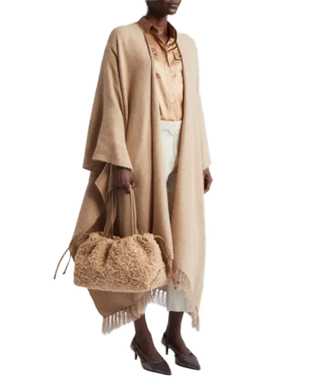 Embroidered Wool Blend Bouclé Tote in Camel