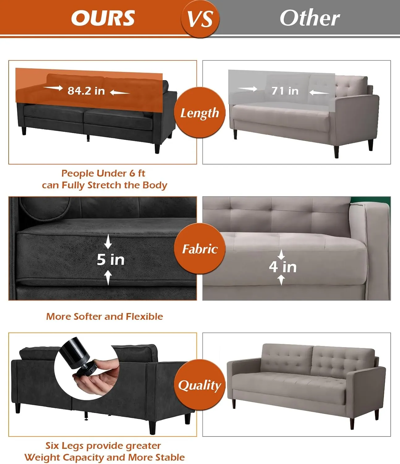Esright Faux Leather Sofa, 84.2-Inch Mid Century Modern 3-Seater Couch with 2 Bolster Pillows, Large Black Sofa for Living Room, Apartment, Office