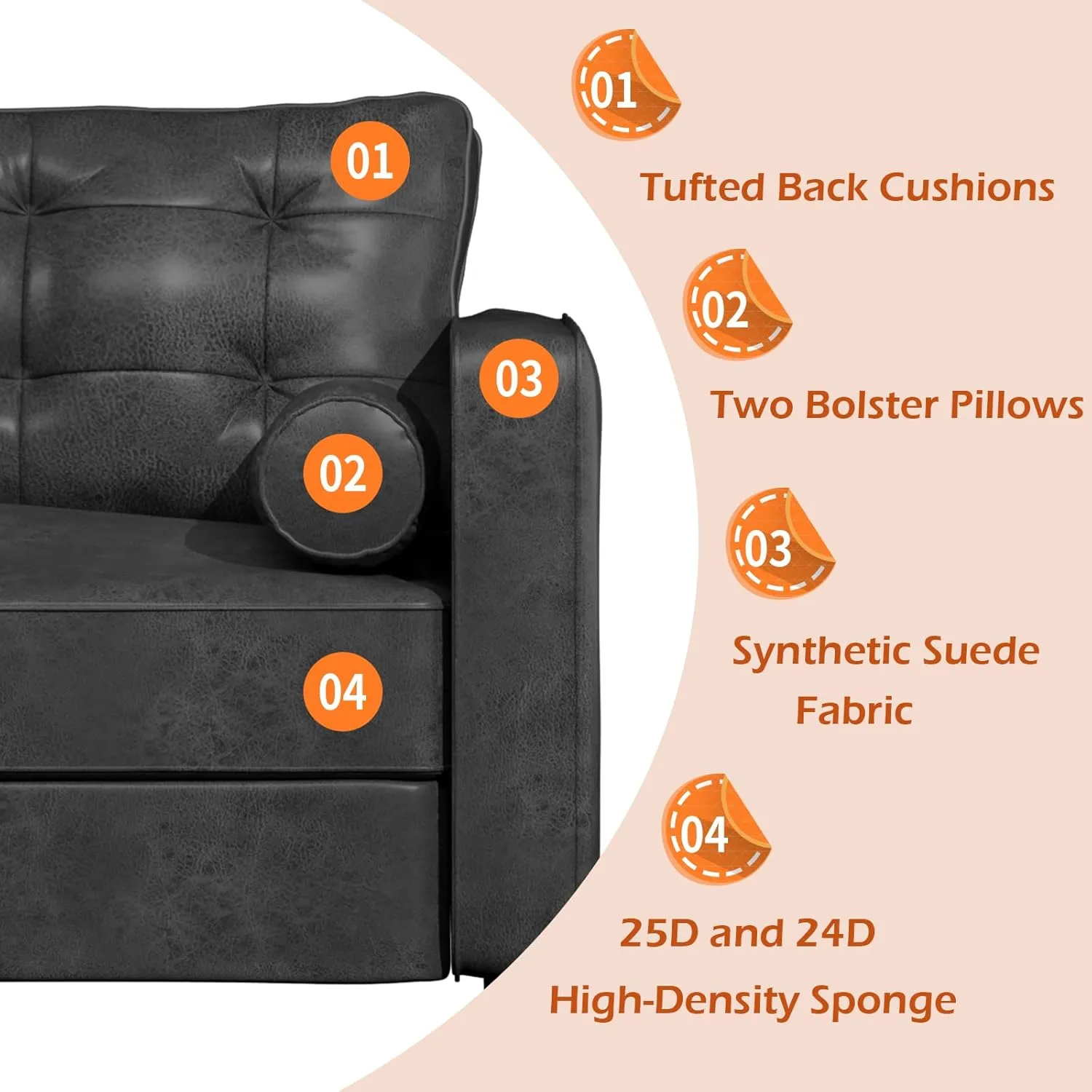 Esright Faux Leather Sofa, 84.2-Inch Mid Century Modern 3-Seater Couch with 2 Bolster Pillows, Large Black Sofa for Living Room, Apartment, Office