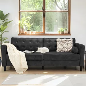 Esright Faux Leather Sofa, 84.2-Inch Mid Century Modern 3-Seater Couch with 2 Bolster Pillows, Large Black Sofa for Living Room, Apartment, Office