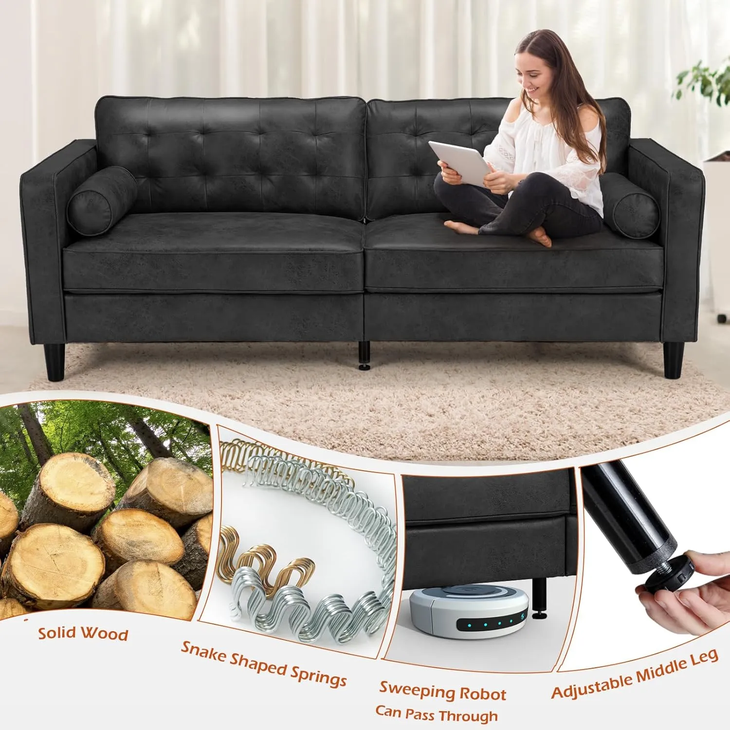 Esright Faux Leather Sofa, 84.2-Inch Mid Century Modern 3-Seater Couch with 2 Bolster Pillows, Large Black Sofa for Living Room, Apartment, Office