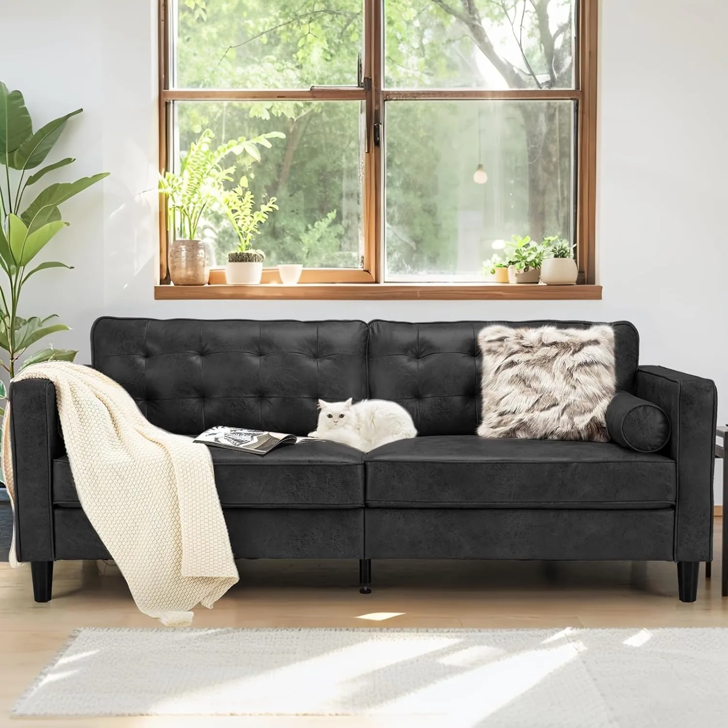 Esright Faux Leather Sofa, 84.2-Inch Mid Century Modern 3-Seater Couch with 2 Bolster Pillows, Large Black Sofa for Living Room, Apartment, Office