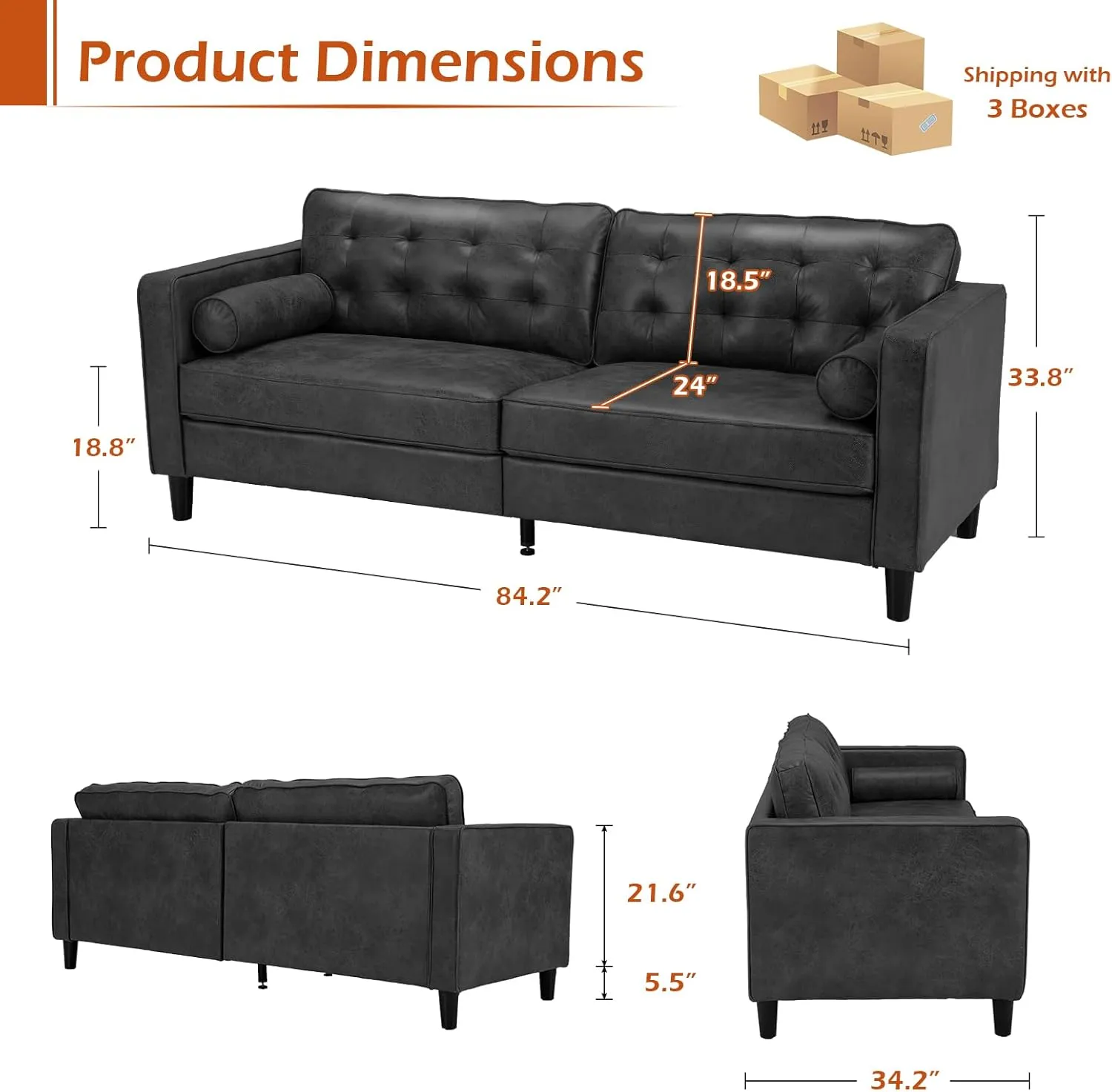 Esright Faux Leather Sofa, 84.2-Inch Mid Century Modern 3-Seater Couch with 2 Bolster Pillows, Large Black Sofa for Living Room, Apartment, Office