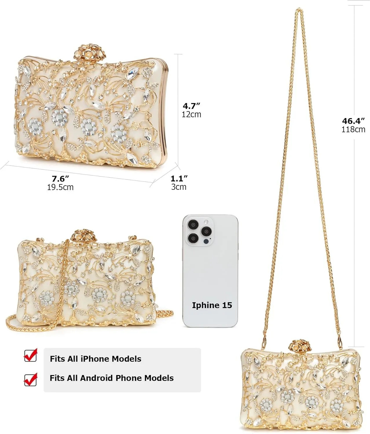 Evening Bag Clutch Purses for Women Rhinestones Purse Sparkling Party Shoulder Handbag Wedding Bag with Chain