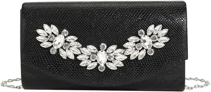 Evening Bag for Women Rhinestone Flower Clutch Purse Shoulder Bag PU Leather Elegant Clutch Handbag with Chain Strap