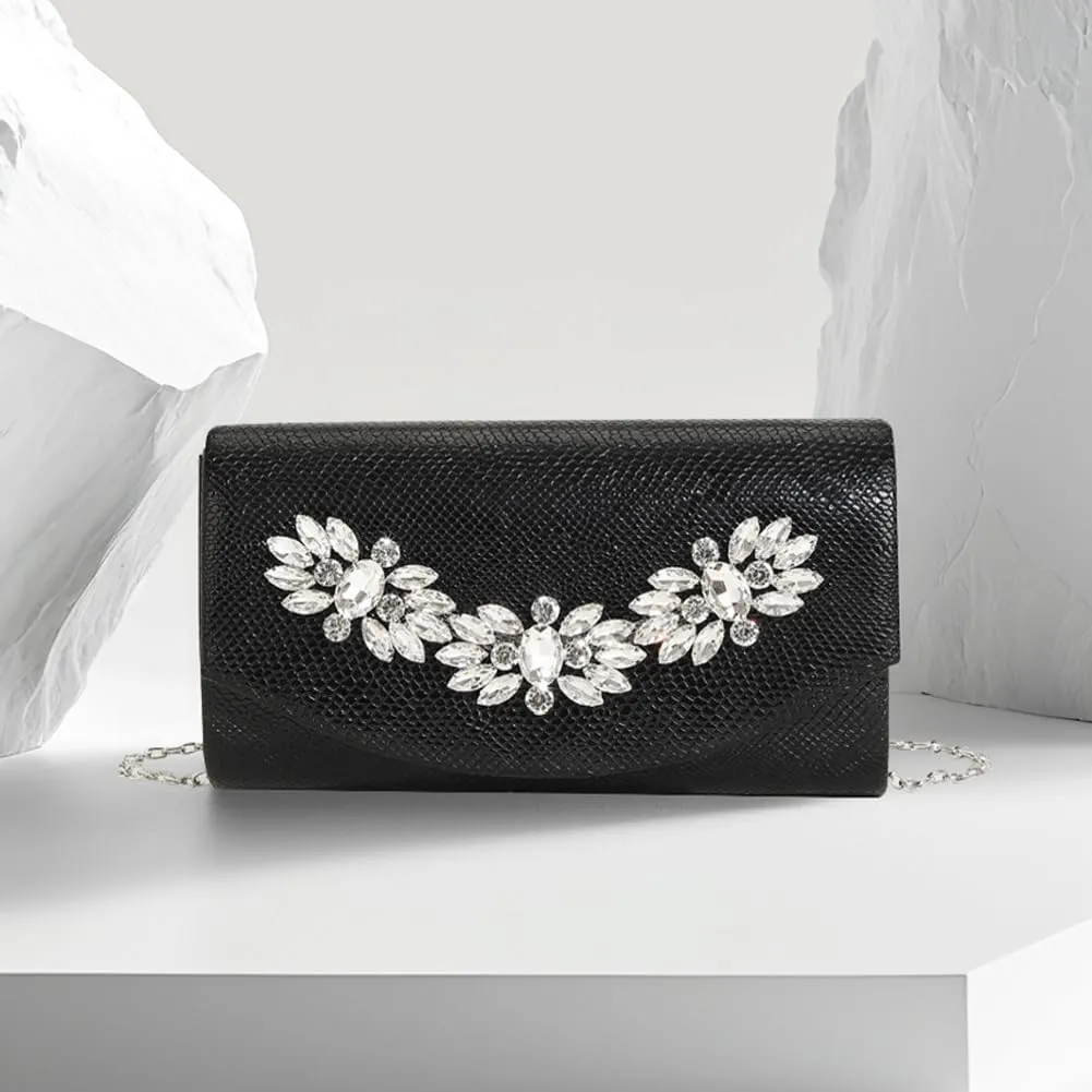 Evening Bag for Women Rhinestone Flower Clutch Purse Shoulder Bag PU Leather Elegant Clutch Handbag with Chain Strap
