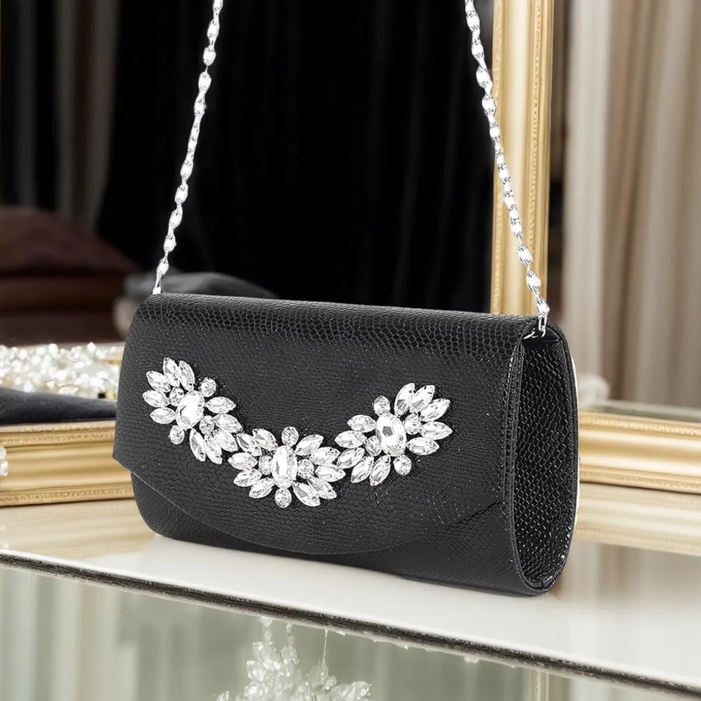 Evening Bag for Women Rhinestone Flower Clutch Purse Shoulder Bag PU Leather Elegant Clutch Handbag with Chain Strap