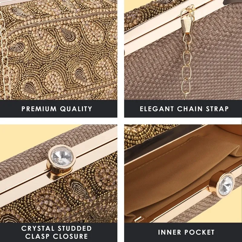 Evening Clutch with Floral Bead Work | Detachable Chain Strap | 21x4x12 cm | Golden