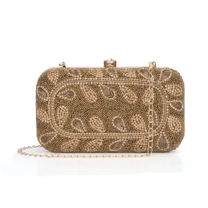 Evening Clutch with Floral Bead Work | Detachable Chain Strap | 21x4x12 cm | Golden
