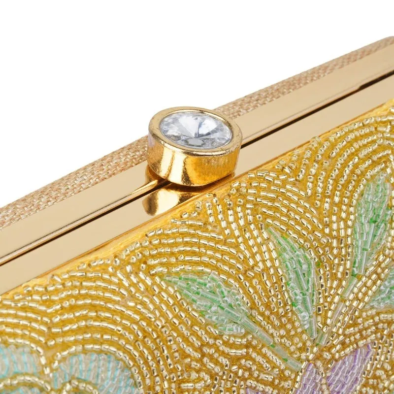 Evening Clutch with Floral Bead Work | Detachable Chain Strap | 21x4x12 cm | Golden