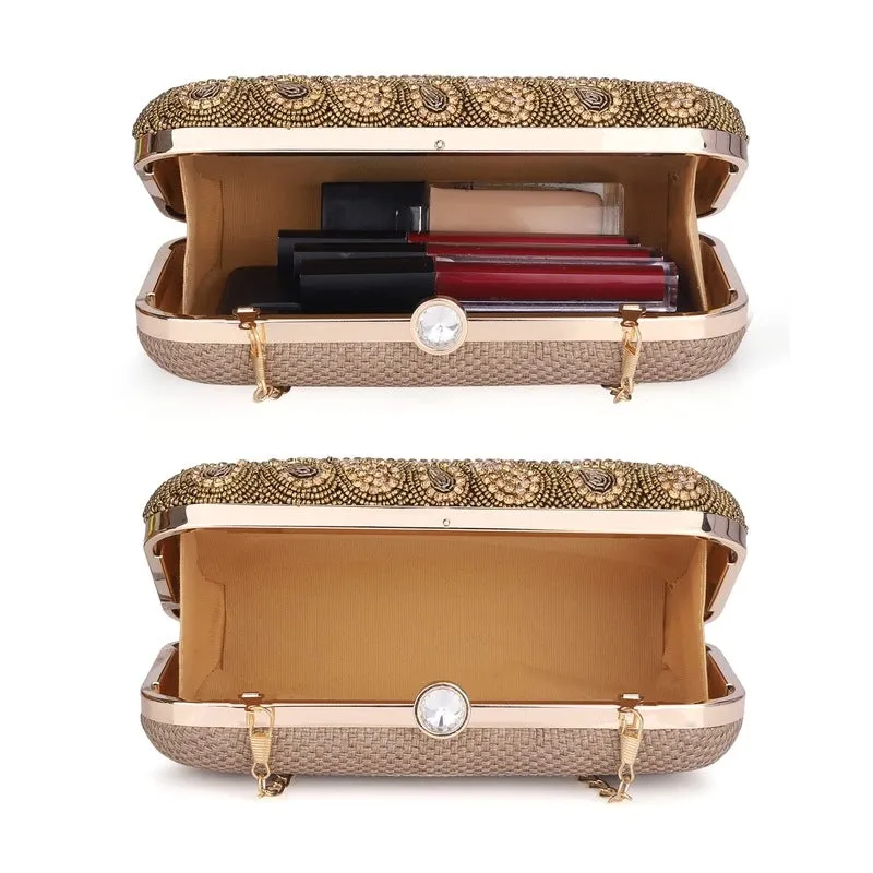 Evening Clutch with Floral Bead Work | Detachable Chain Strap | 21x4x12 cm | Golden