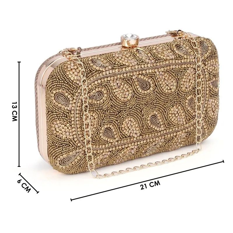 Evening Clutch with Floral Bead Work | Detachable Chain Strap | 21x4x12 cm | Golden