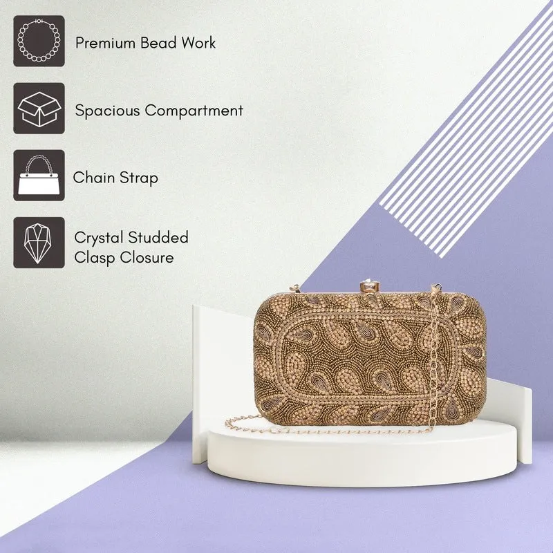Evening Clutch with Floral Bead Work | Detachable Chain Strap | 21x4x12 cm | Golden