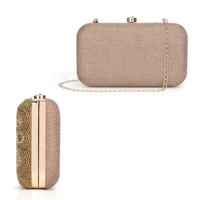 Evening Clutch with Floral Bead Work | Detachable Chain Strap | 21x4x12 cm | Golden