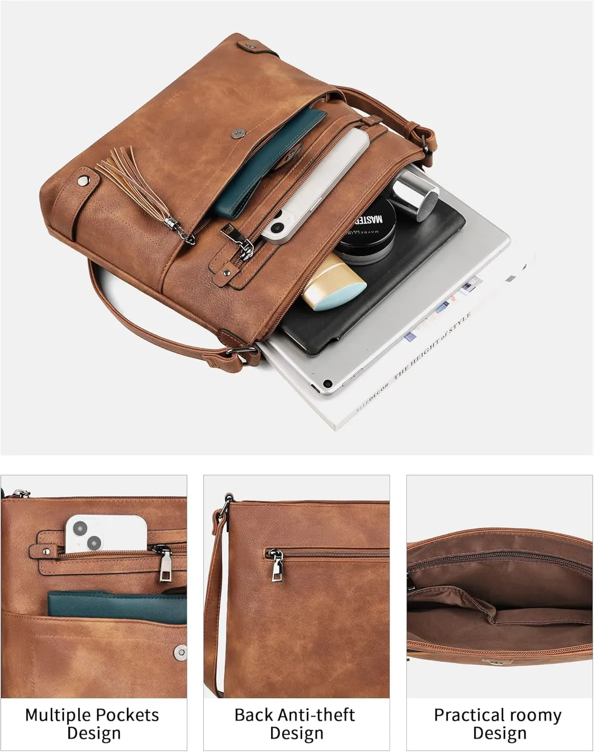 FADEON Large Crossbody Purses for Women Crossbody Bag, Designer Leather Cross Body Purses Multi Pocket Shoulder Bag