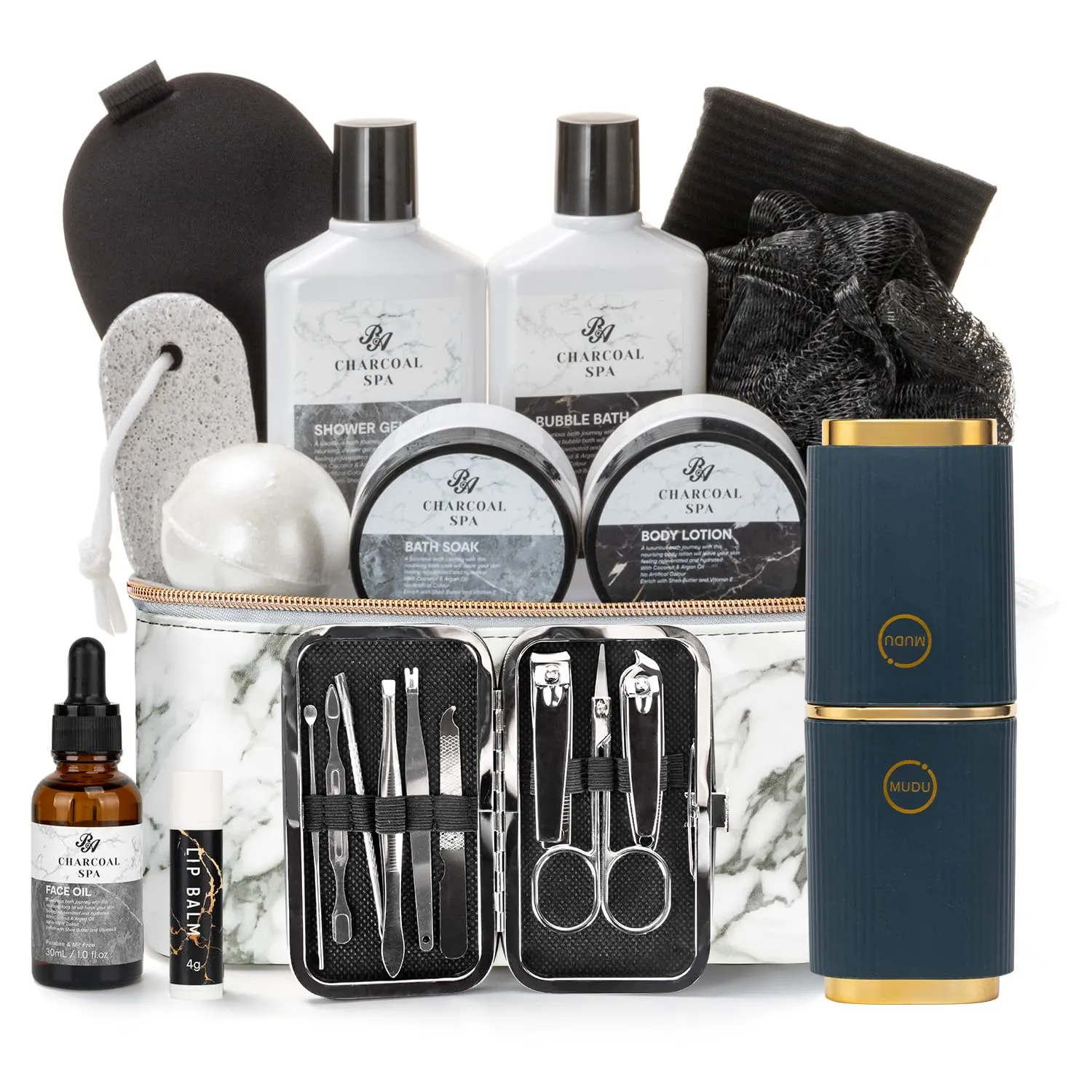 Father's Day Bath and Body Gift Basket for Men and Women, 23pcs Charcoal Luxury Home Spa Kit for Mother in Cosmetics Leather Bag, Face Oil, Birthday Gift, Self Care, perfect for Christmas, Holiday