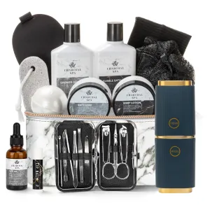 Father's Day Bath and Body Gift Basket for Men and Women, 23pcs Charcoal Luxury Home Spa Kit for Mother in Cosmetics Leather Bag, Face Oil, Birthday Gift, Self Care, perfect for Christmas, Holiday