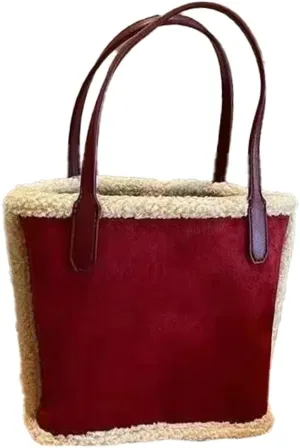 Faux Lamb Wool Tote Bag for Women Brown Suede Handbag Vintage Suede Shoulder Bag Fashion Fuzzy Bucket Purse Fall 2024