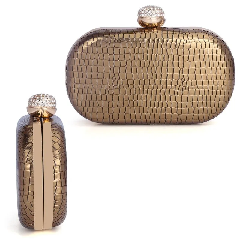 Faux Leather Womens Party Clutch - Elegant Design | Detachable Shoulder Chain | 1.14L | Golden