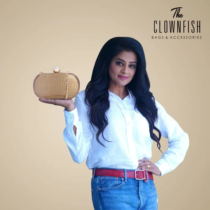 Faux Leather Womens Party Clutch - Elegant Design | Detachable Shoulder Chain | 1.14L | Golden