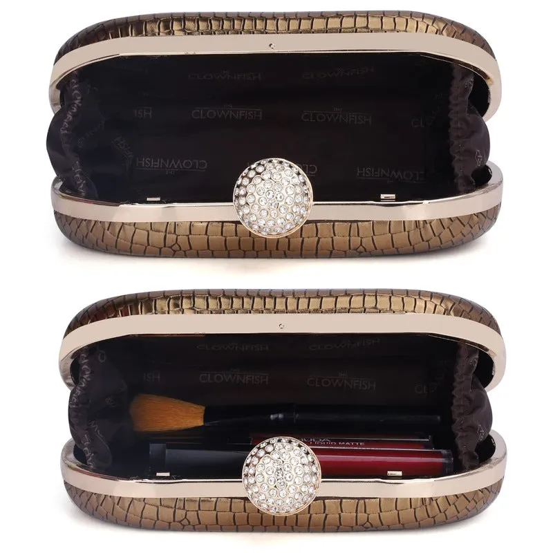 Faux Leather Womens Party Clutch - Elegant Design | Detachable Shoulder Chain | 1.14L | Golden
