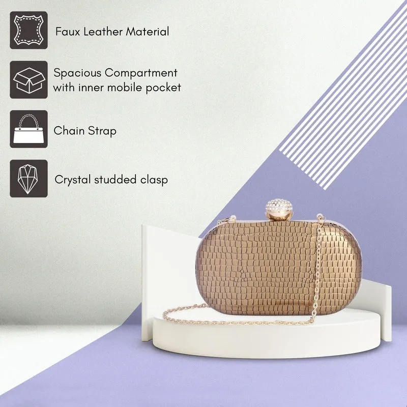 Faux Leather Womens Party Clutch - Elegant Design | Detachable Shoulder Chain | 1.14L | Golden