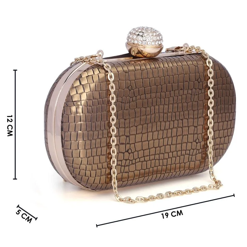 Faux Leather Womens Party Clutch - Elegant Design | Detachable Shoulder Chain | 1.14L | Golden
