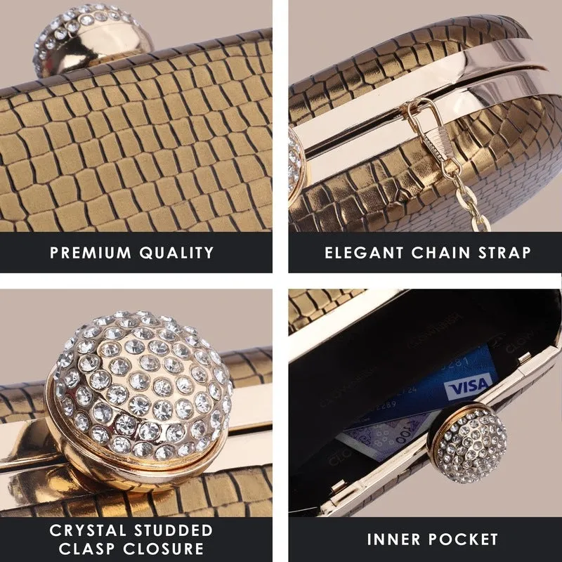Faux Leather Womens Party Clutch - Elegant Design | Detachable Shoulder Chain | 1.14L | Golden