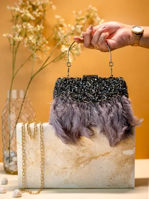 Feather Embellished Box Clutch