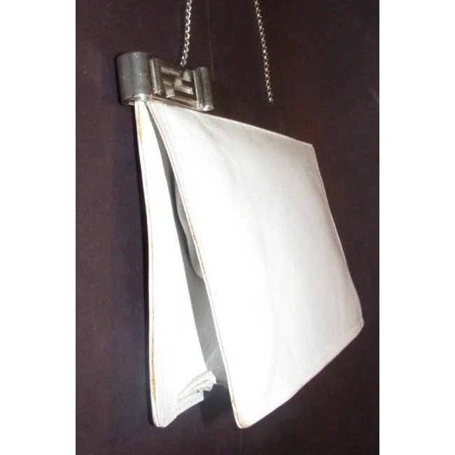 Fendi Clutch Embossed Two Or Style Purse White Leatherchrome Ff Top Shoulder Bag