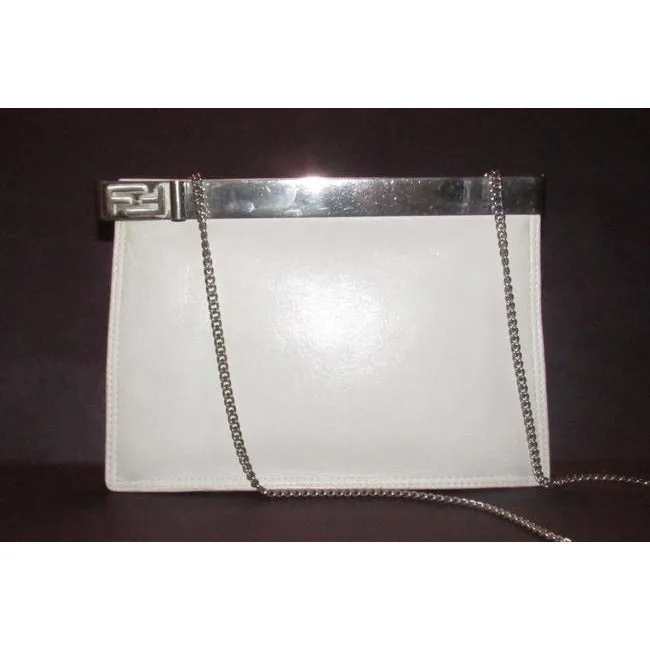 Fendi Clutch Embossed Two Or Style Purse White Leatherchrome Ff Top Shoulder Bag