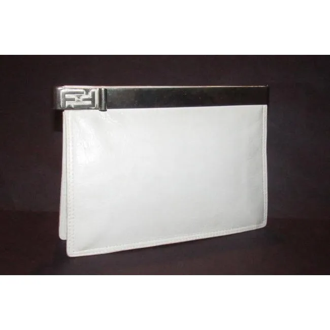 Fendi Clutch Embossed Two Or Style Purse White Leatherchrome Ff Top Shoulder Bag