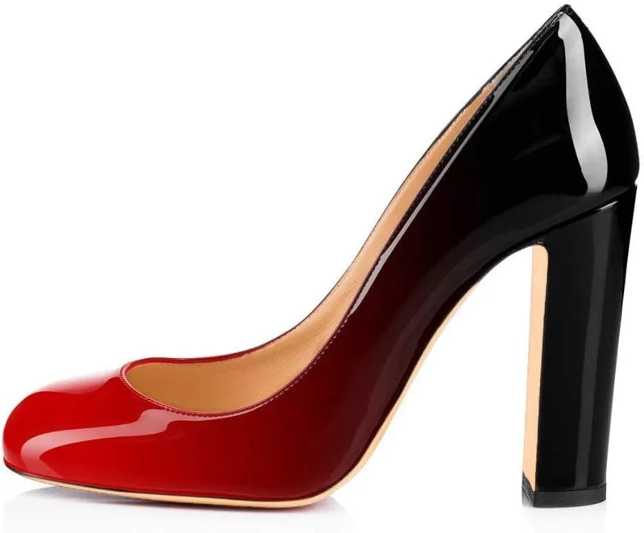Fericzot Pumps Women Sexy Patent Leather Round Toe Block Heels Pumps Gorgeous Evening Party Wedding Shoes Plus Size