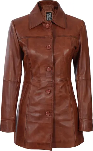 fjackets Brown Leather Jacket Women - Real Lambskin Long Coats For Women - Kandis Cognac leather coats for women | [1515034] L