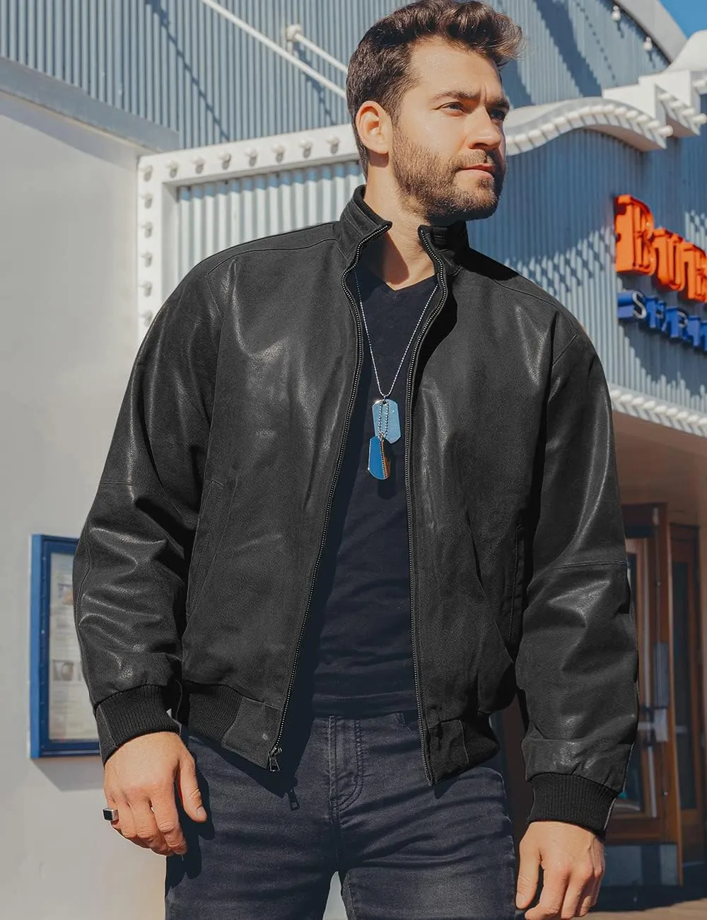 FLAVOR Men's Real Leather Bomber Casual Jacket