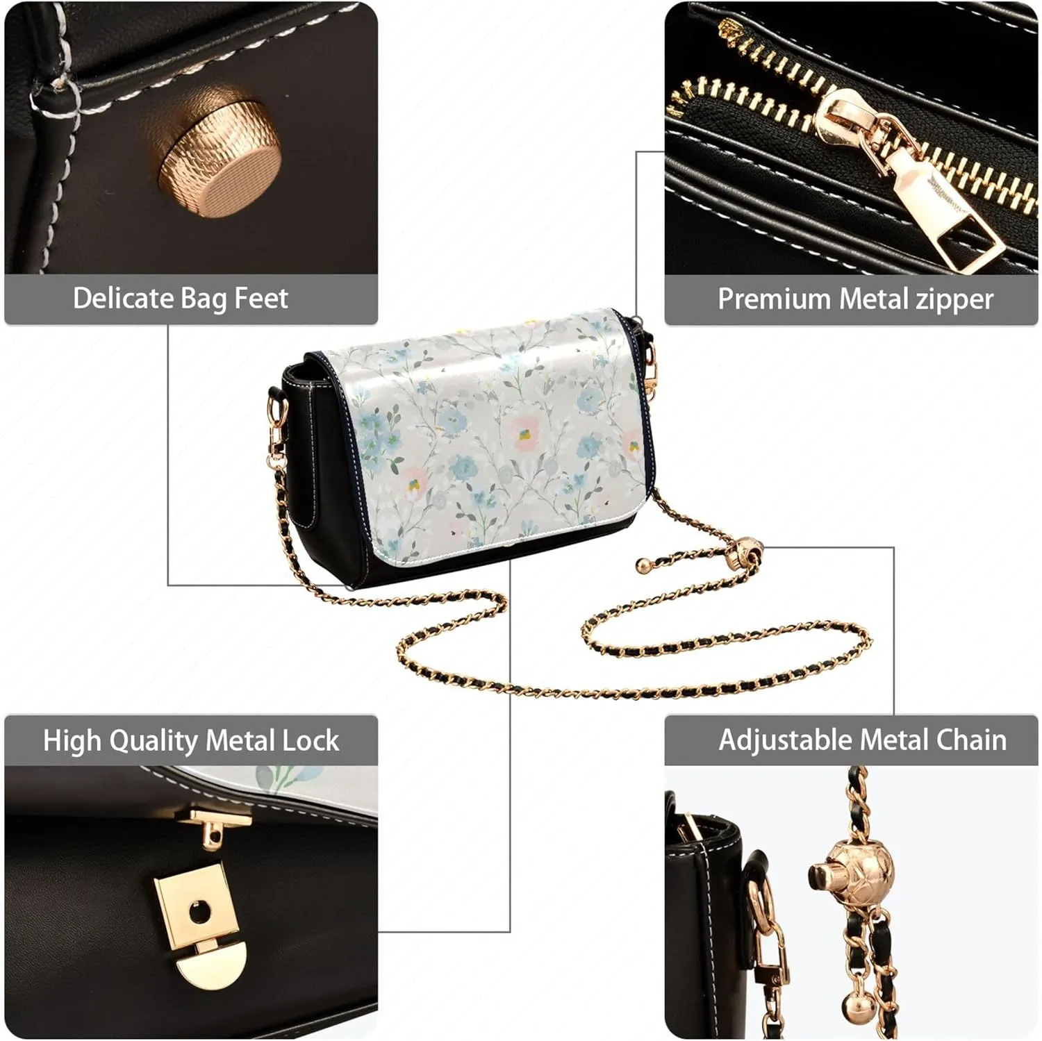 Floral Blue Small Flower Shoulder Leather Bags Black Women Crossbody Bag Purses Trendy Handbag with Chain Strap