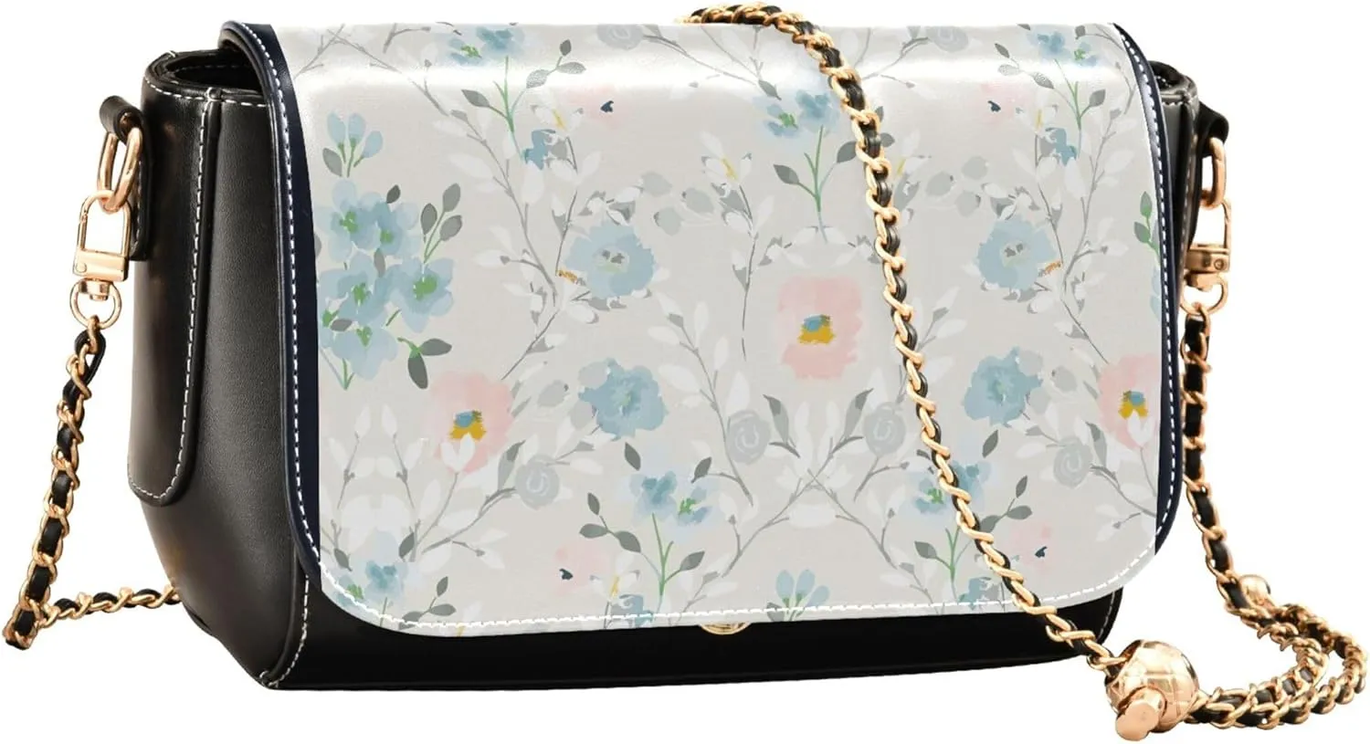 Floral Blue Small Flower Shoulder Leather Bags Black Women Crossbody Bag Purses Trendy Handbag with Chain Strap
