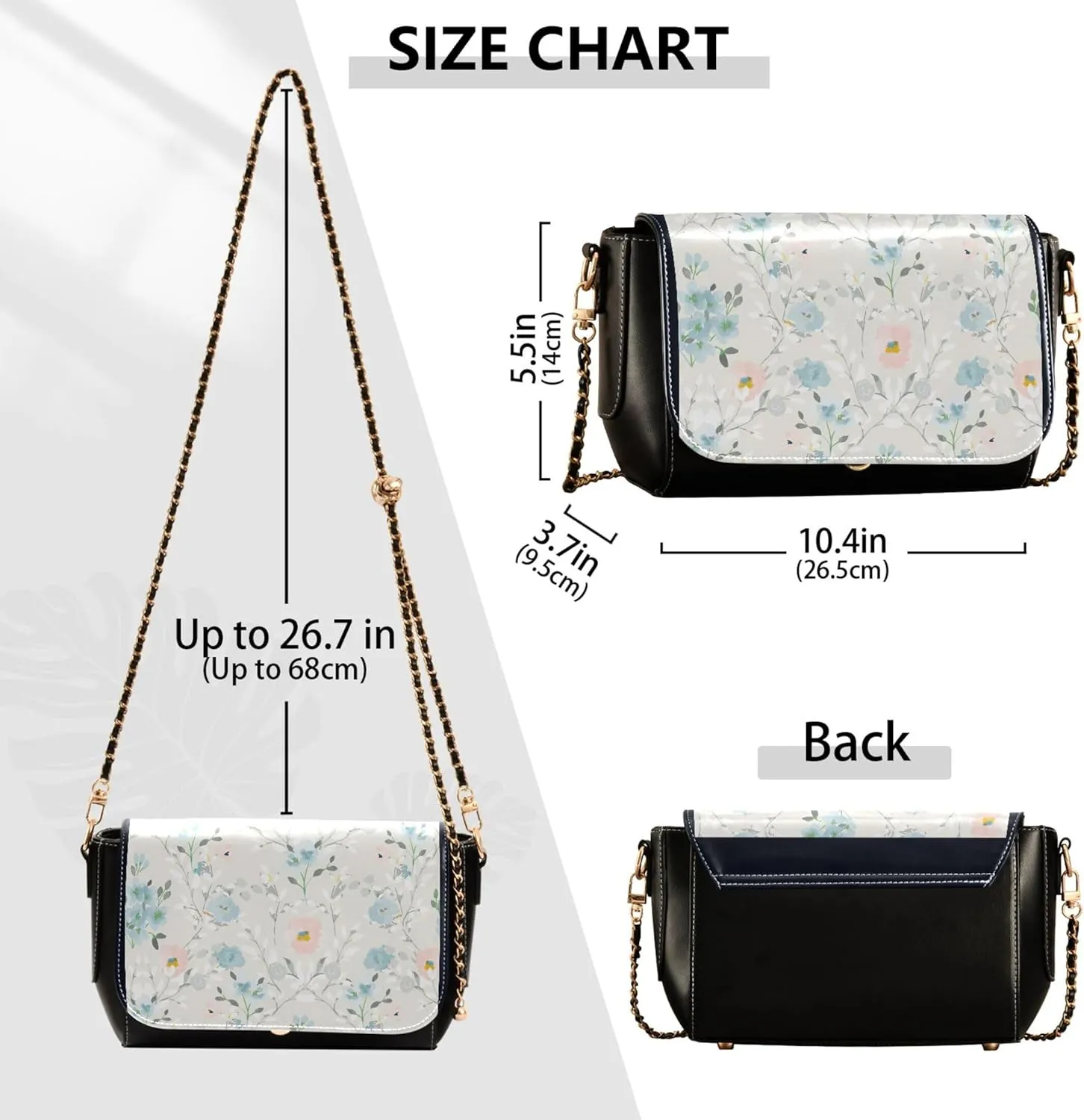 Floral Blue Small Flower Shoulder Leather Bags Black Women Crossbody Bag Purses Trendy Handbag with Chain Strap