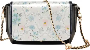 Floral Blue Small Flower Shoulder Leather Bags Black Women Crossbody Bag Purses Trendy Handbag with Chain Strap