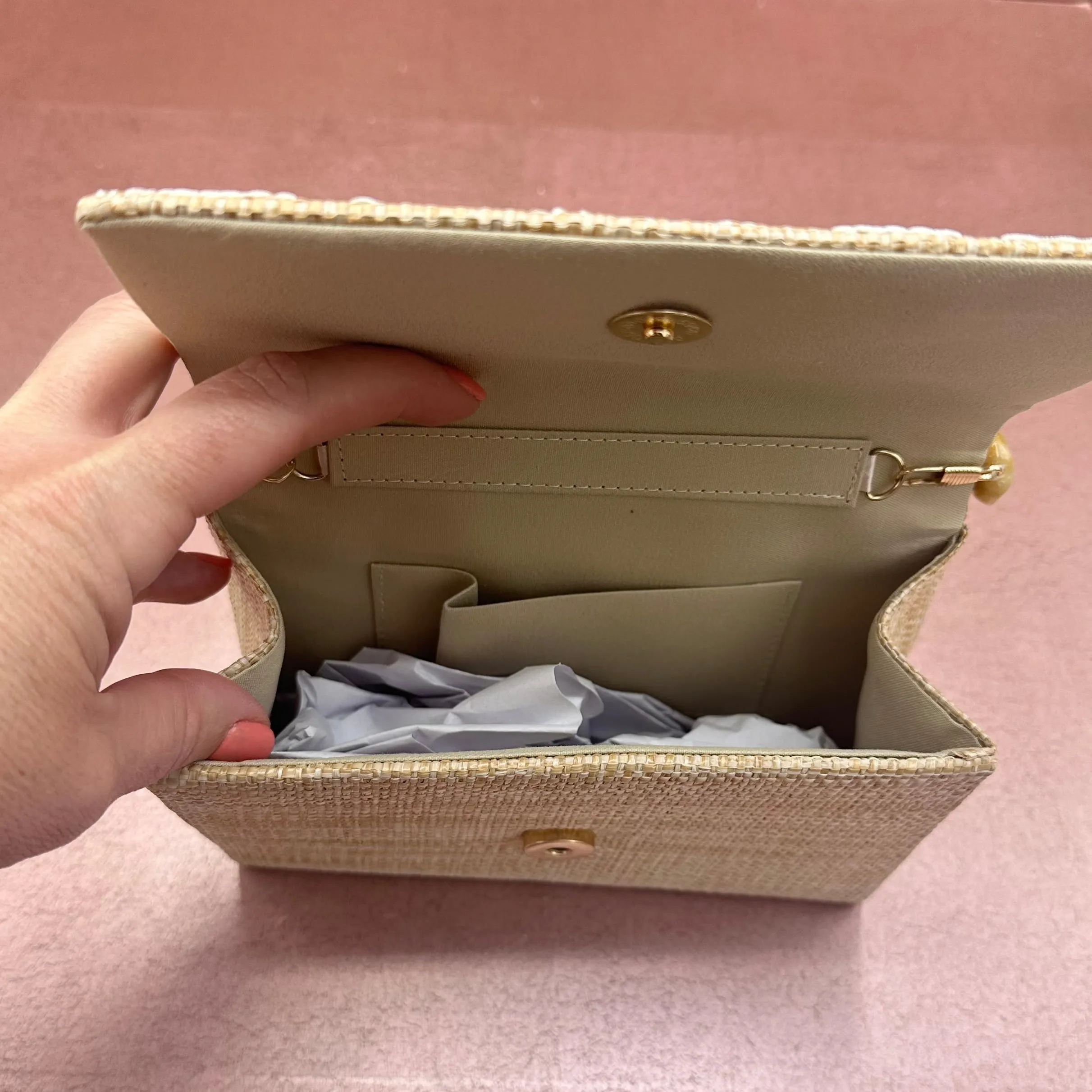 Flower Embroidered Stone Strap Clutch