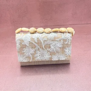 Flower Embroidered Stone Strap Clutch