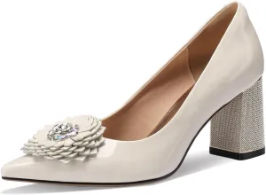 Flower High Heels for Women Pointed Toe Pumps Rhinestone Crystal Closed Toe Chunky Block Dressy Comfortable Sexy Elegantes Wedding Slip On Formal Prom Sparkly 3 Inch Pump