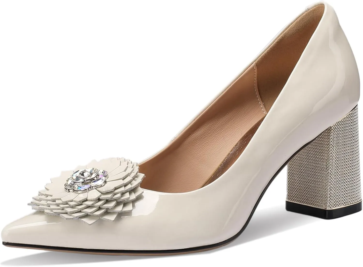 Flower High Heels for Women Pointed Toe Pumps Rhinestone Crystal Closed Toe Chunky Block Dressy Comfortable Sexy Elegantes Wedding Slip On Formal Prom Sparkly 3 Inch Pump