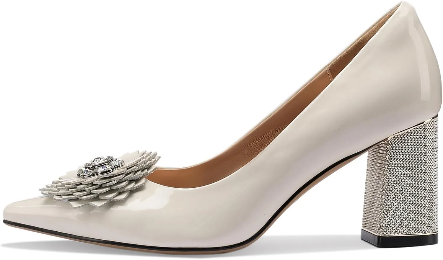 Flower High Heels for Women Pointed Toe Pumps Rhinestone Crystal Closed Toe Chunky Block Dressy Comfortable Sexy Elegantes Wedding Slip On Formal Prom Sparkly 3 Inch Pump