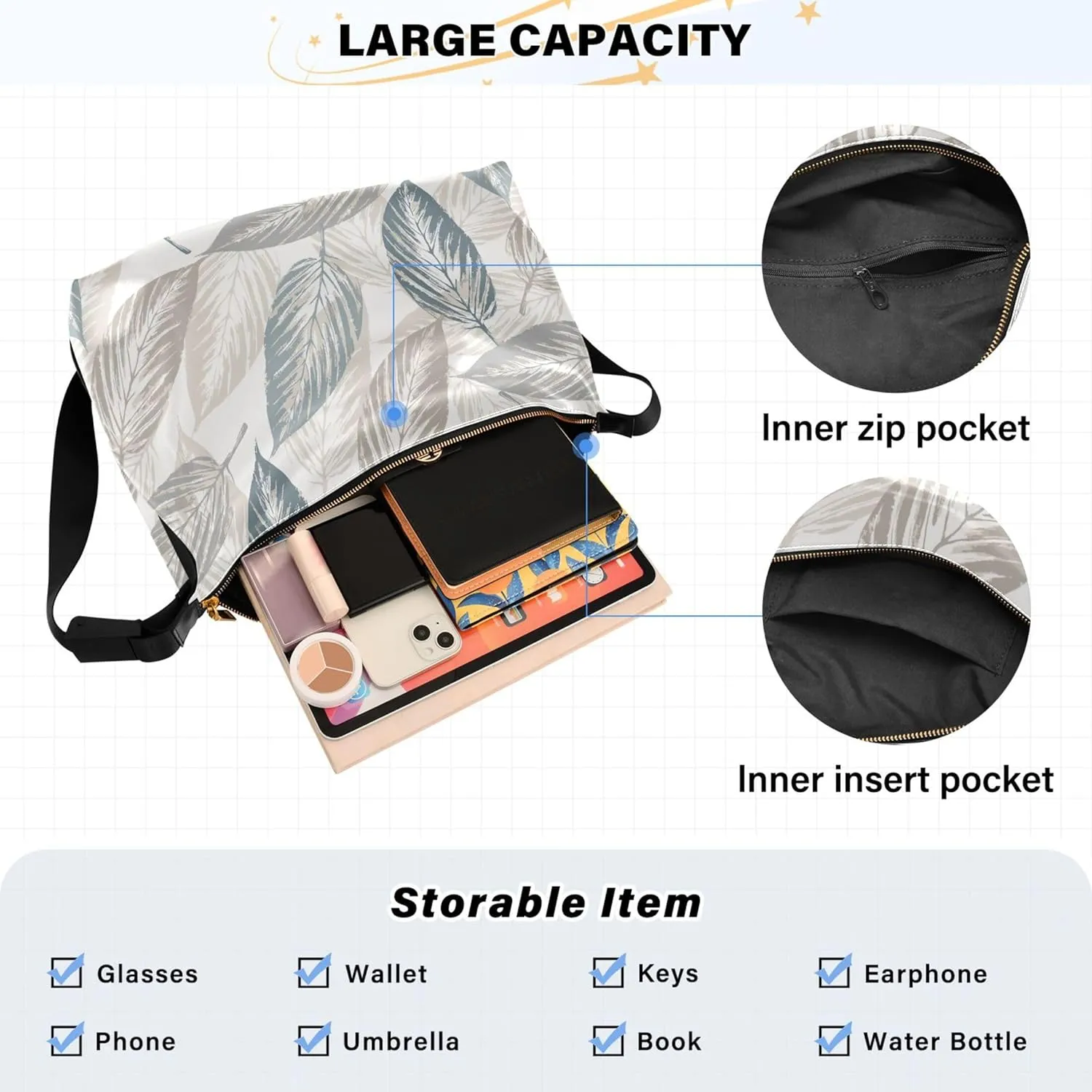 Flowers Rose Leaves Soft Leather Handbags Hobo Large Men Purses Cute Leaf Print Single Shoulder Purses