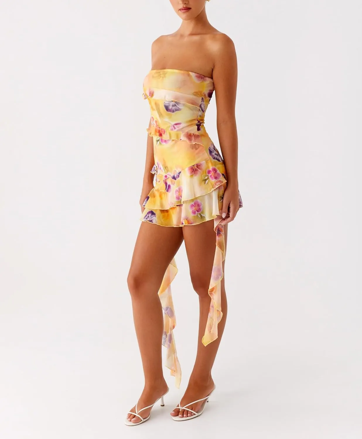 Formal Floral Strapless Mini Dress Y2k Bodycon Ruffle Hem Party Tube Dress Elegant Backless Short Dresses for Women